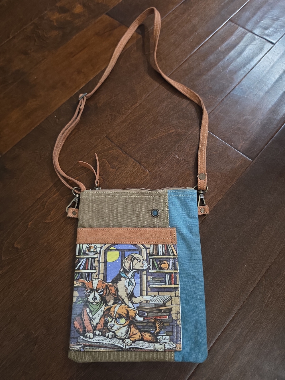 Canvas Crossbody Bag with Dogs With Books. Print - Blue/Tan
